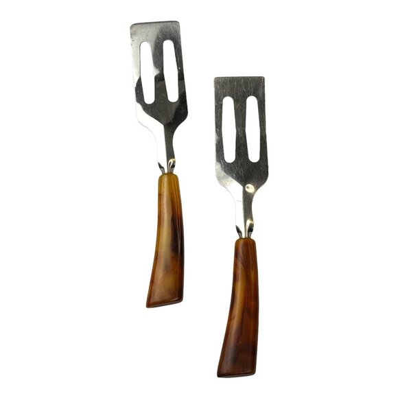 (2)Vintage Bakelite Slotted Spatula Kitchen Utensil Marbled Butterscotch Handle - Picture 1 of 10